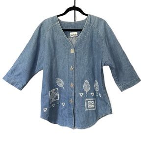 Vintage Nina Piccalino Denim Southwestern 3/4 Sleeve Button Tunic Top Jacket